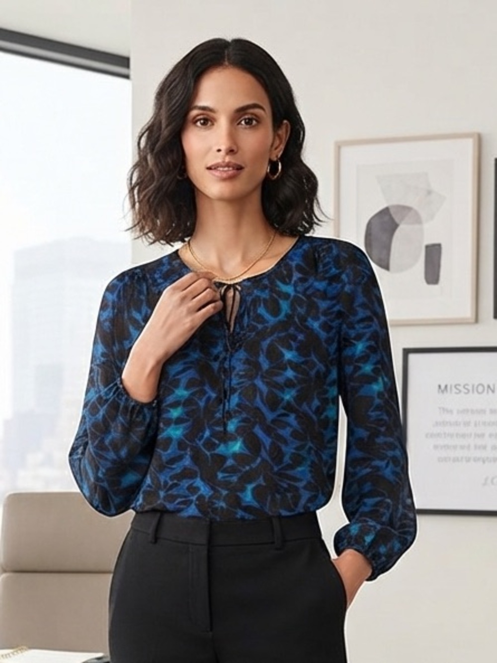 J. Crew Black and Blue Abstract Floral Tie-Neck Blouse